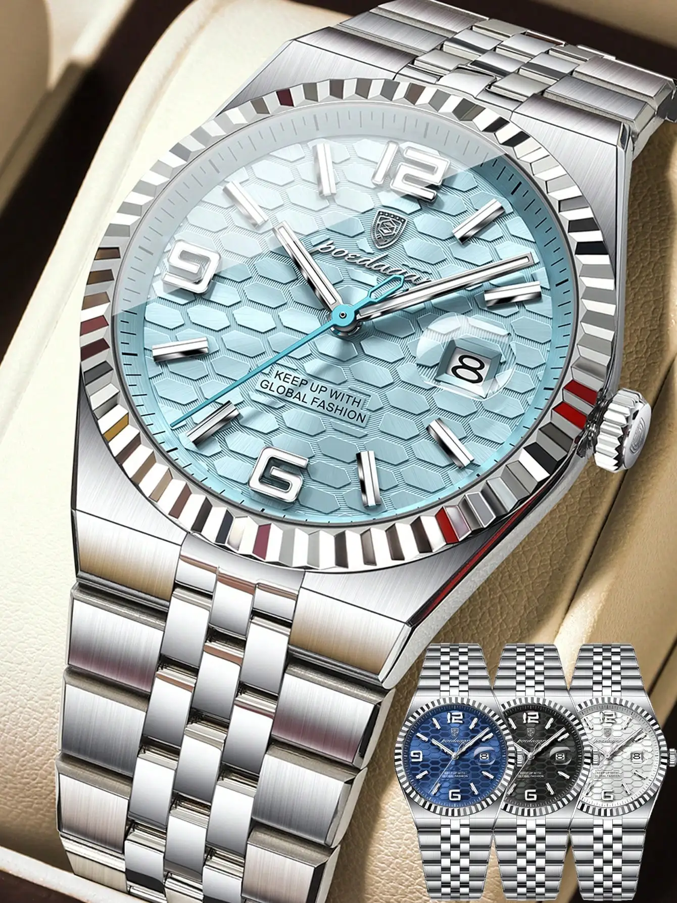 

Мужские кварцевые часы из нержавеющей стали с текстурированным циферблатом, окошком для даты, светящимися стрелками, в повседневном деловом стиле