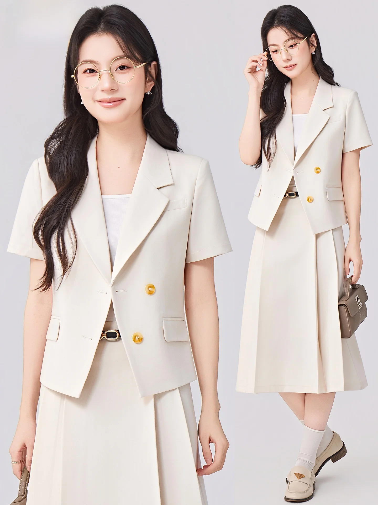 

Cherry Blossom Short Sleeve Suit Set Women's Summer Fashion Commute Professional Clothing University Student Interview Formal...