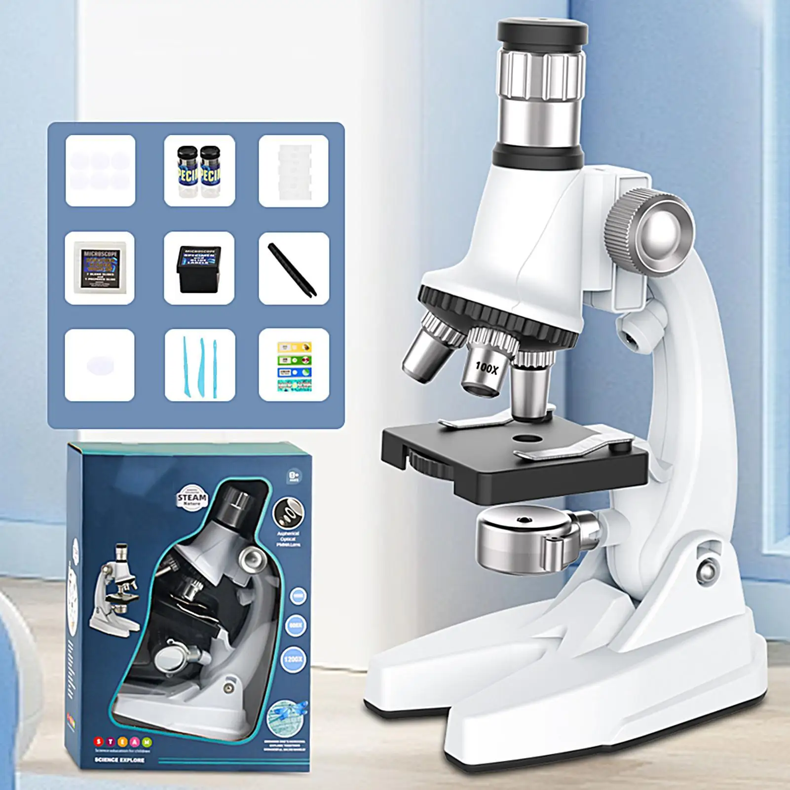 Microscope pour enfants avec lames préparées, jouet scientifique pour la maison, le laboratoire, la salle de classe, pour garçons et filles, étudiants