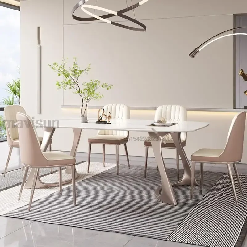 

Chairs Minimalist Dining Table Round Corners Rock Board Tabletop Stainless Steel Bases Table De Cuisine Balcony Furnitures