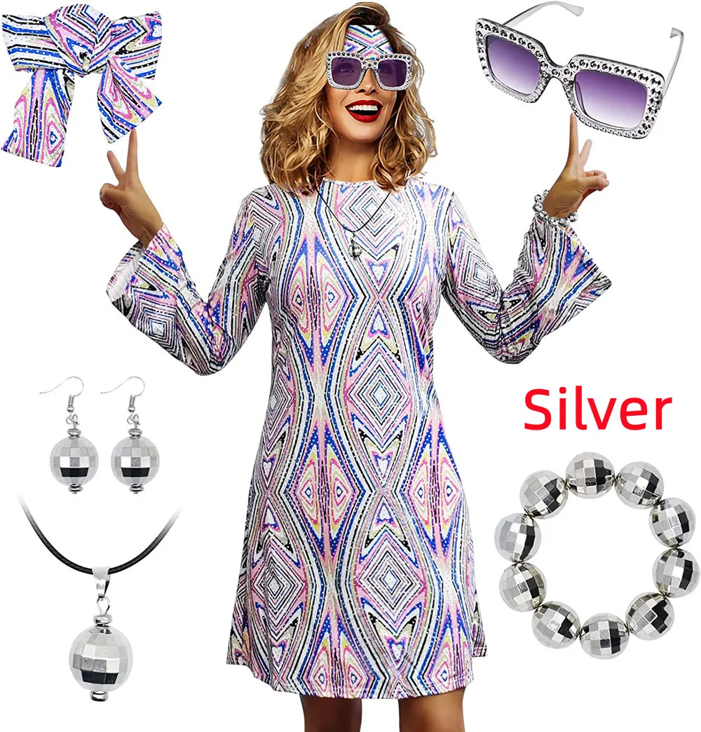 Women\'s Halloween Floral 1960\'s 1970\'s Hippie Costume Dress Women Hippie Costume Set  Halloween Party Disco 70\'s Dance Costume S