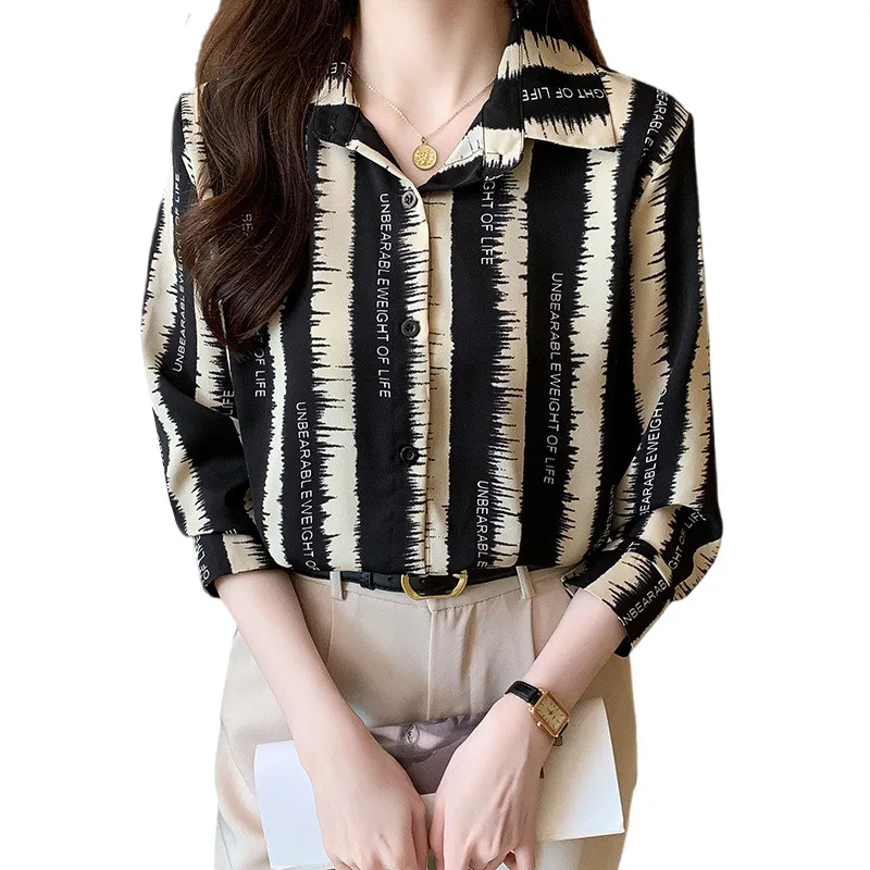 

Korean Style Fashion Striped Shirt for Women Long Sleeve Office Blouse Tops