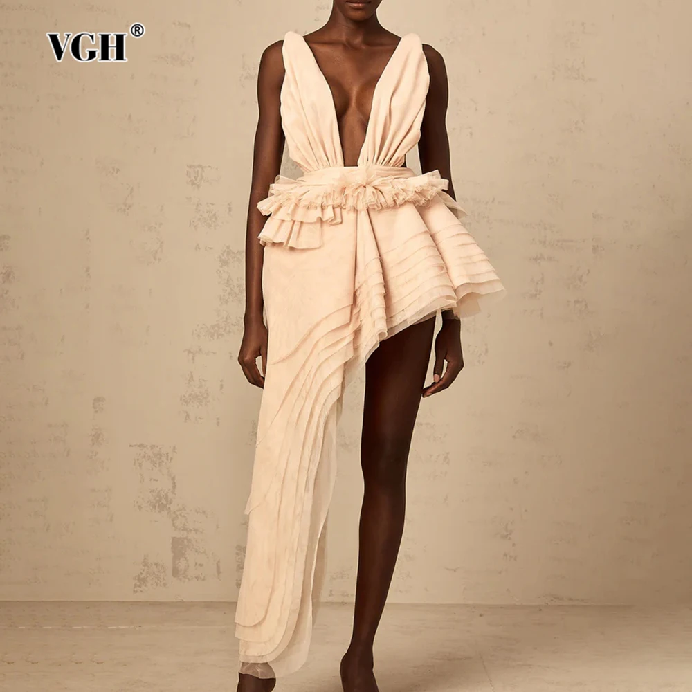 Vgh sólido emendado em camadas assimétrico vestidos de malha para mulheres decote em v profundo sem mangas cintura alta sem costas tutu vestido feminino outono