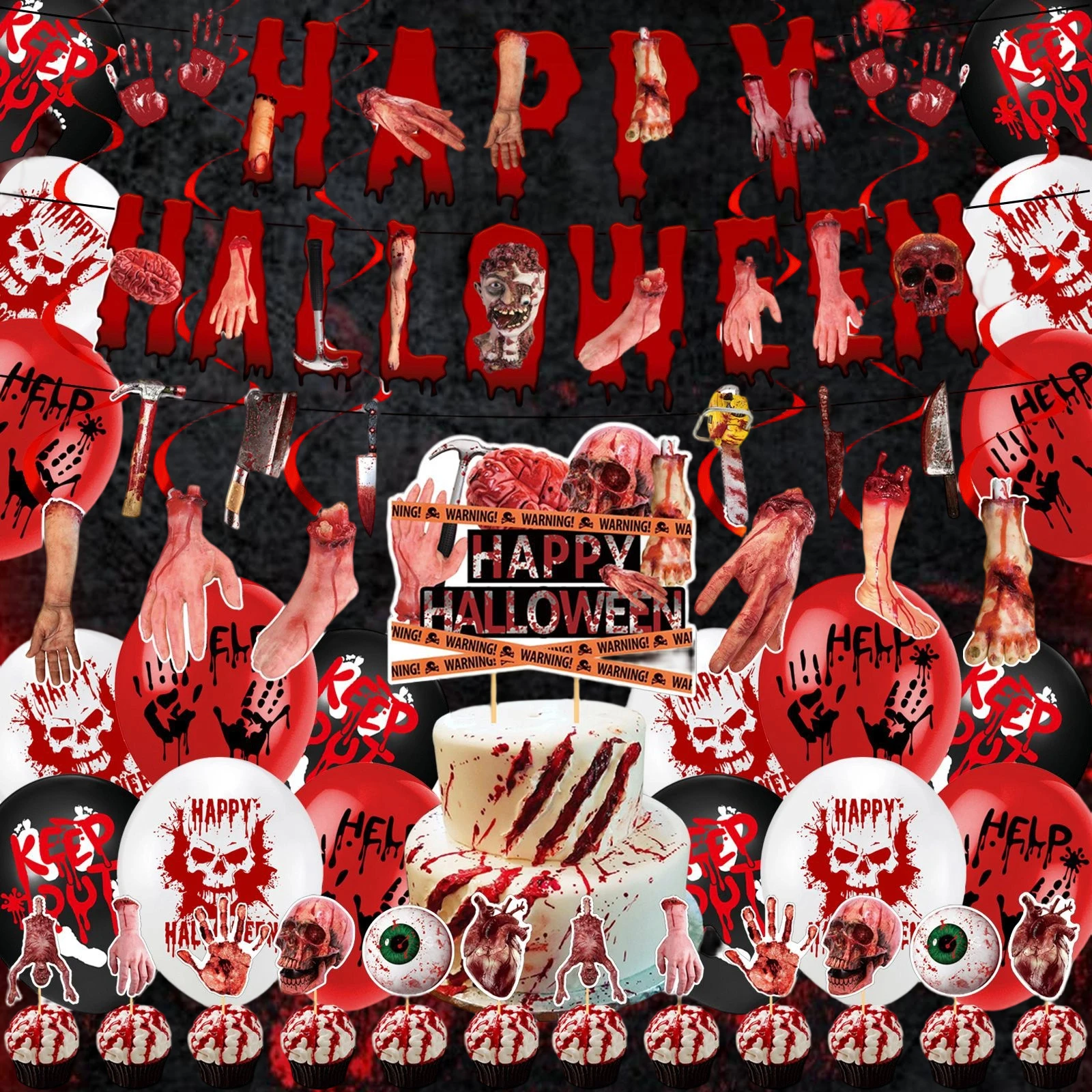 Bloody Severed Limbs Halloween Party Decor, Horror Halloween Banner Balloon Cake Topper for Haunted House Scary Party Supplies