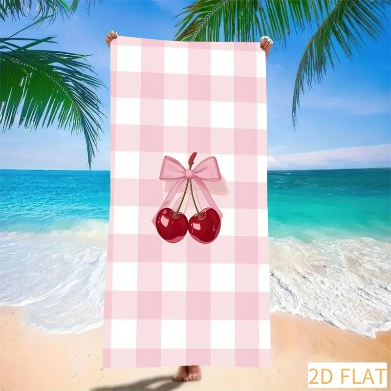 Pink Cherry Plaid Beach Towel - Super Absorbent Quick Dry Microfiber with Gingham Pattern, Soft Sand-Free Blanket for Picnic