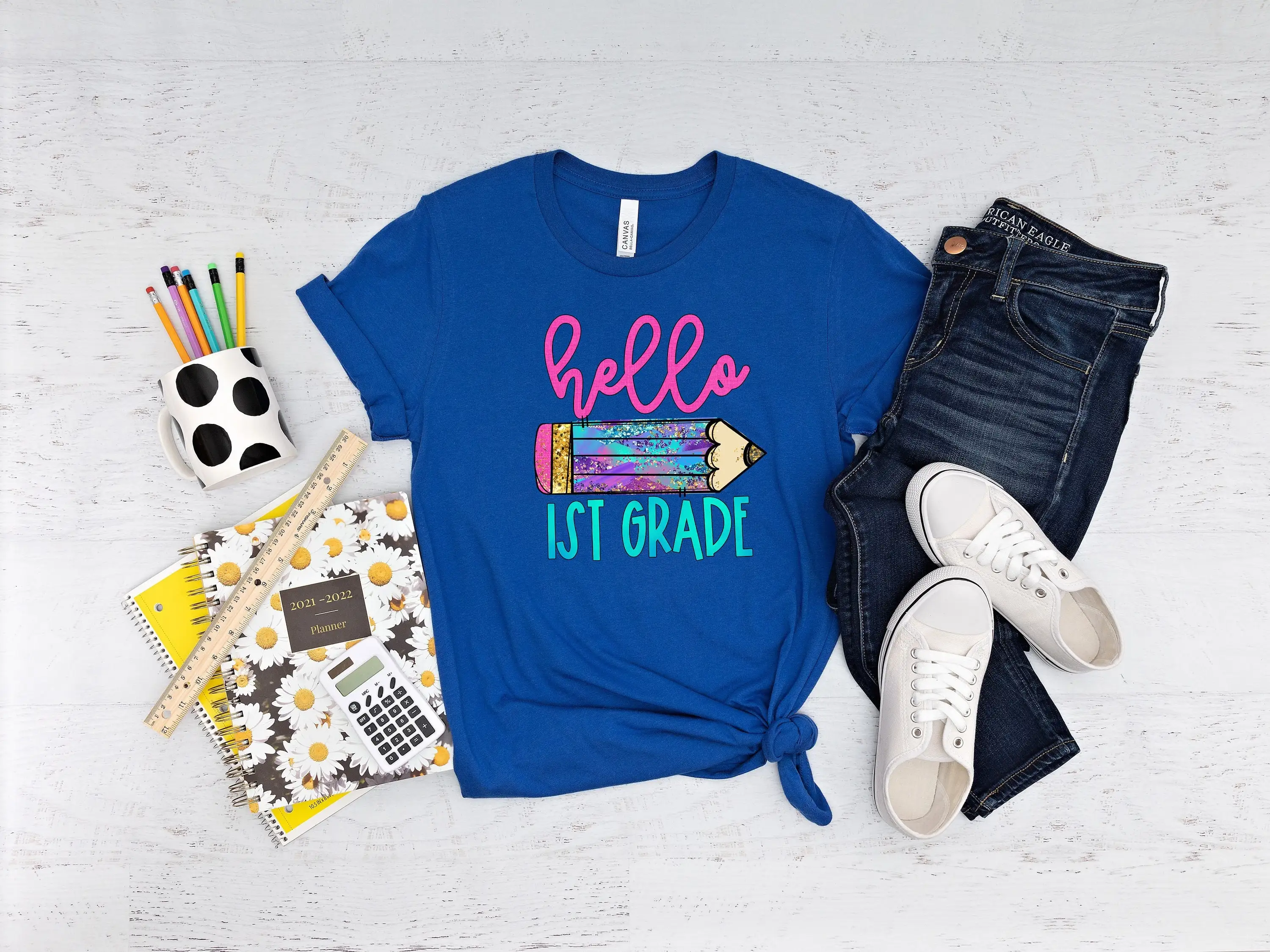 Watercolor 1st Grade T Shirt Hello Back To School Pencil First Teacher