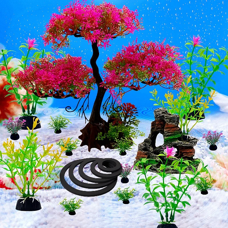 22PC set Aquarium Plants Ornaments Plastic Simulation Fish Tank Decoration Accessories-Simulation tree - rockery - grass fence