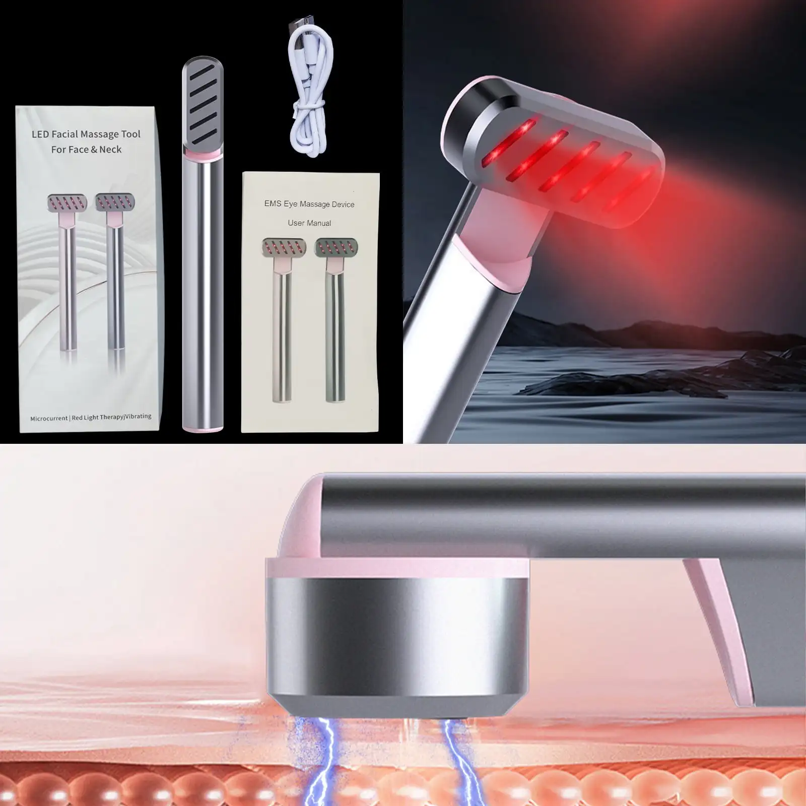 แสงสีแดง Micro-Current MINI Vibrating คอและ Eye Beauty อุปกรณ์ในครัวเรือน Low-Frequency Massager ชาร์จ USB โลหะ + วัสดุ PC