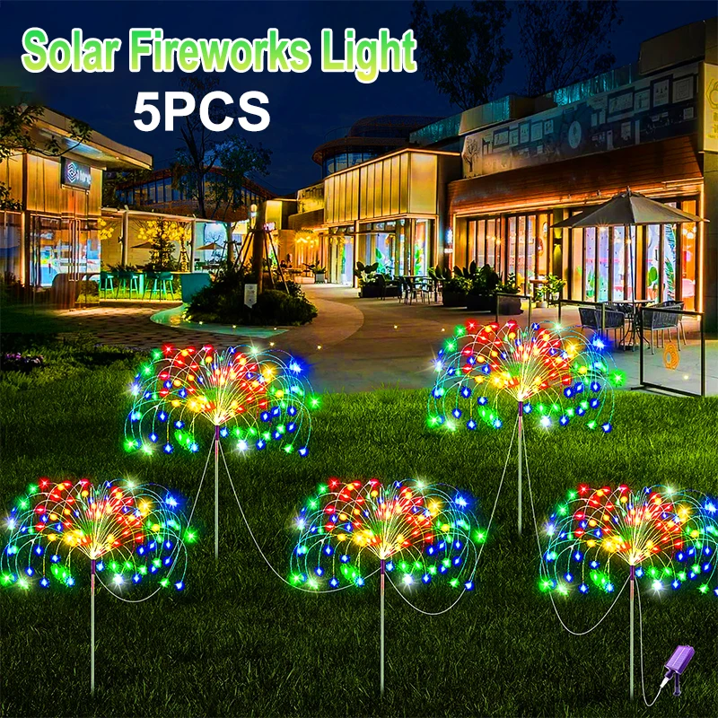 5Pcs 400LEDS Solar Power Fireworks Light Outdoor Solar Light Waterproof LED Fairy Lights 8 Modes Lighting For Garden Lawn Yard