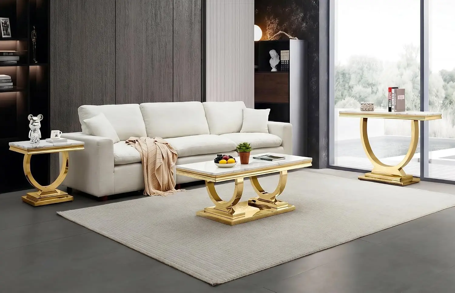 47" White Faux Marble Console Table Gold U-Shape Base Mirrored Stainless Steel Frame Entryway Living Room Hallway, Customized view 5