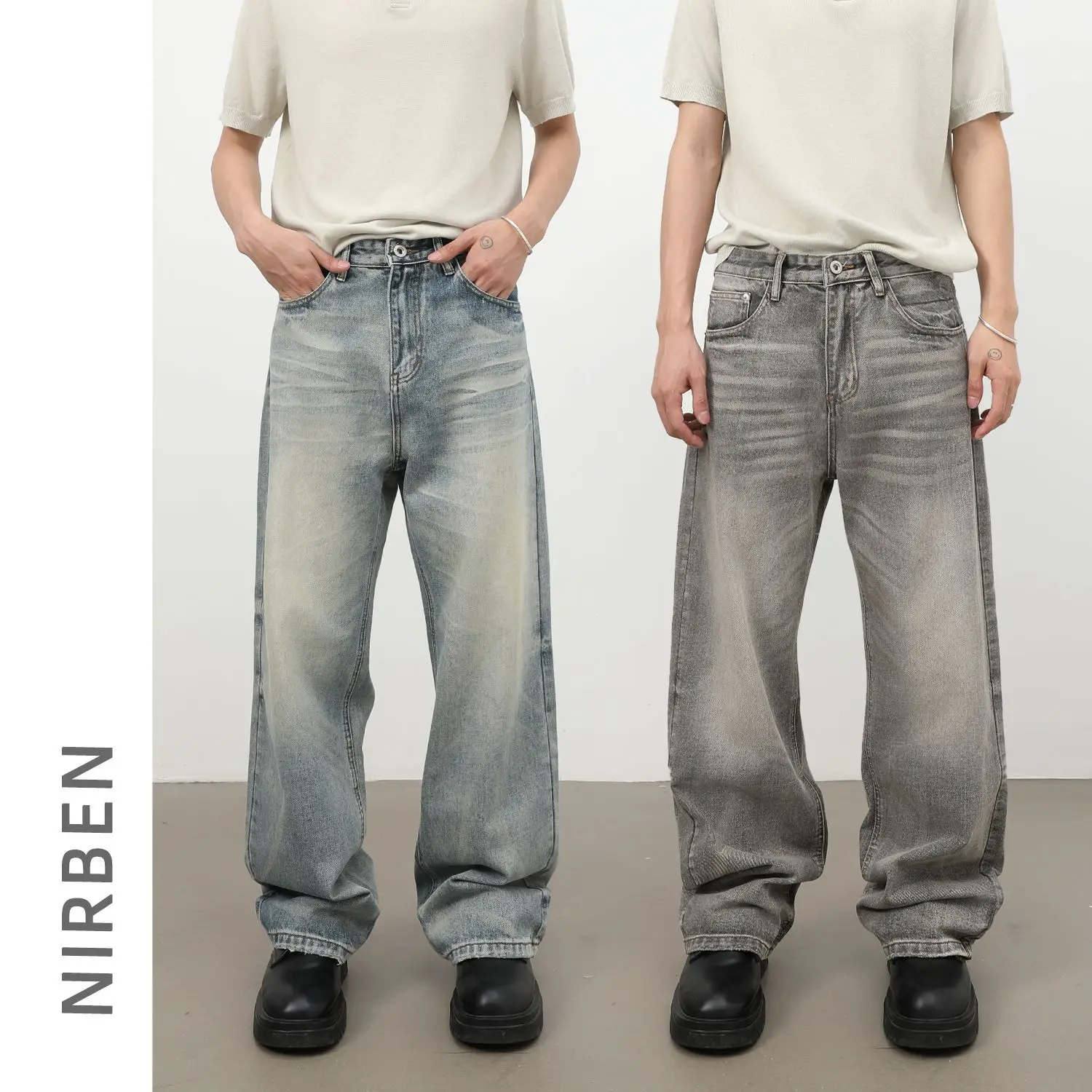 American Retro Cat Beard Washed Jeans Men's Trendy Brand Loose Straight Wide-leg Versatile Trousers