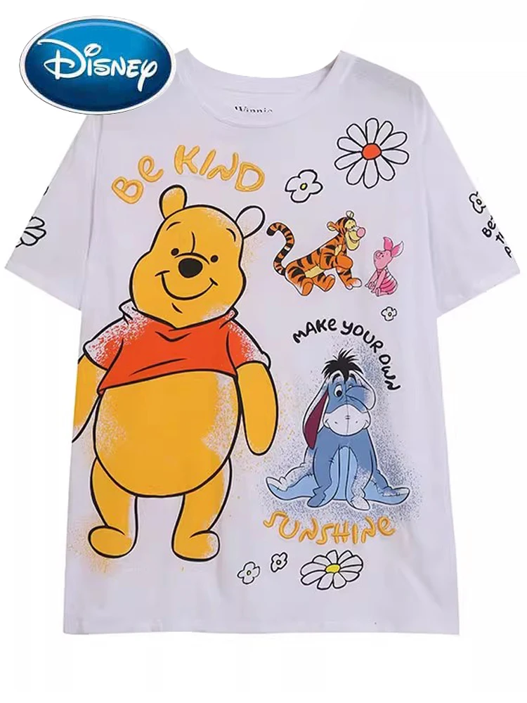 ディズニー-女性の白いラウンドネックプルオーバー、半袖Tシャツトップス、漫画プリント、刺embroidery、winnThe pooh、bear、eeyore、ファッション