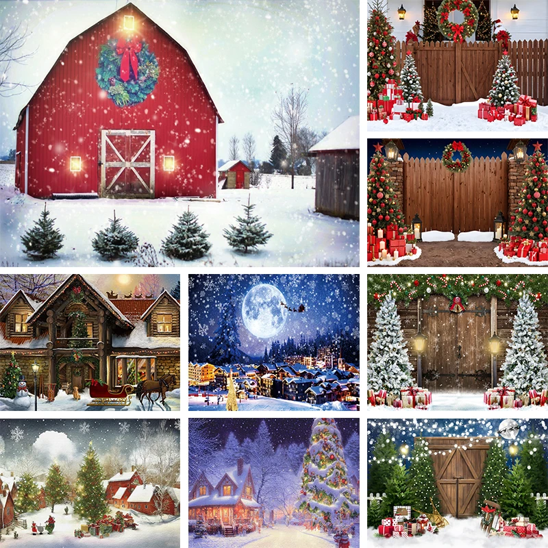 Christmas Background for Photography Xmas Village Wooden Door Trees Photo Backdrop Winter Farm Barn Snowscape Decorations 2023