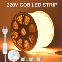 220V COB LED Strip with ON-OFF Switch Super Bright COB LED Tape Ribbon EU Plug Adhesive Lights For Kitchen Outdoor Lighting