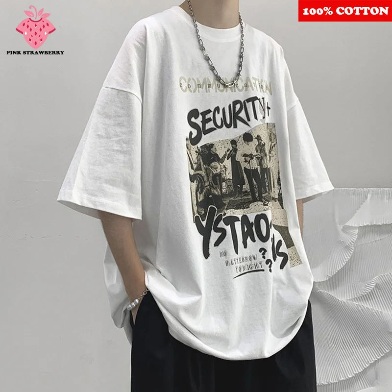 

American Retro Band Print T-shirt Men Summer 2025 New 100% Cotton Street Short sleeves Loose T-shirt Y2k Tops Youth men clothing