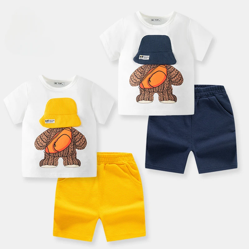 Summer Baby Girl Boy Cotton Clothes Set Children Cartoon Bear Print Top and Buttom 2pcs Suit Kid Tshirts Shorts Outfit Tracksuit