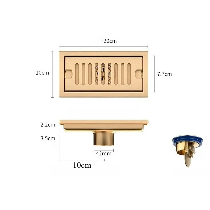 Large Displacement 304 Stainless Steel Floor Drain, Golden Long Strip Anti Odor Shower Room, Balcony, Rectangular Bathroom