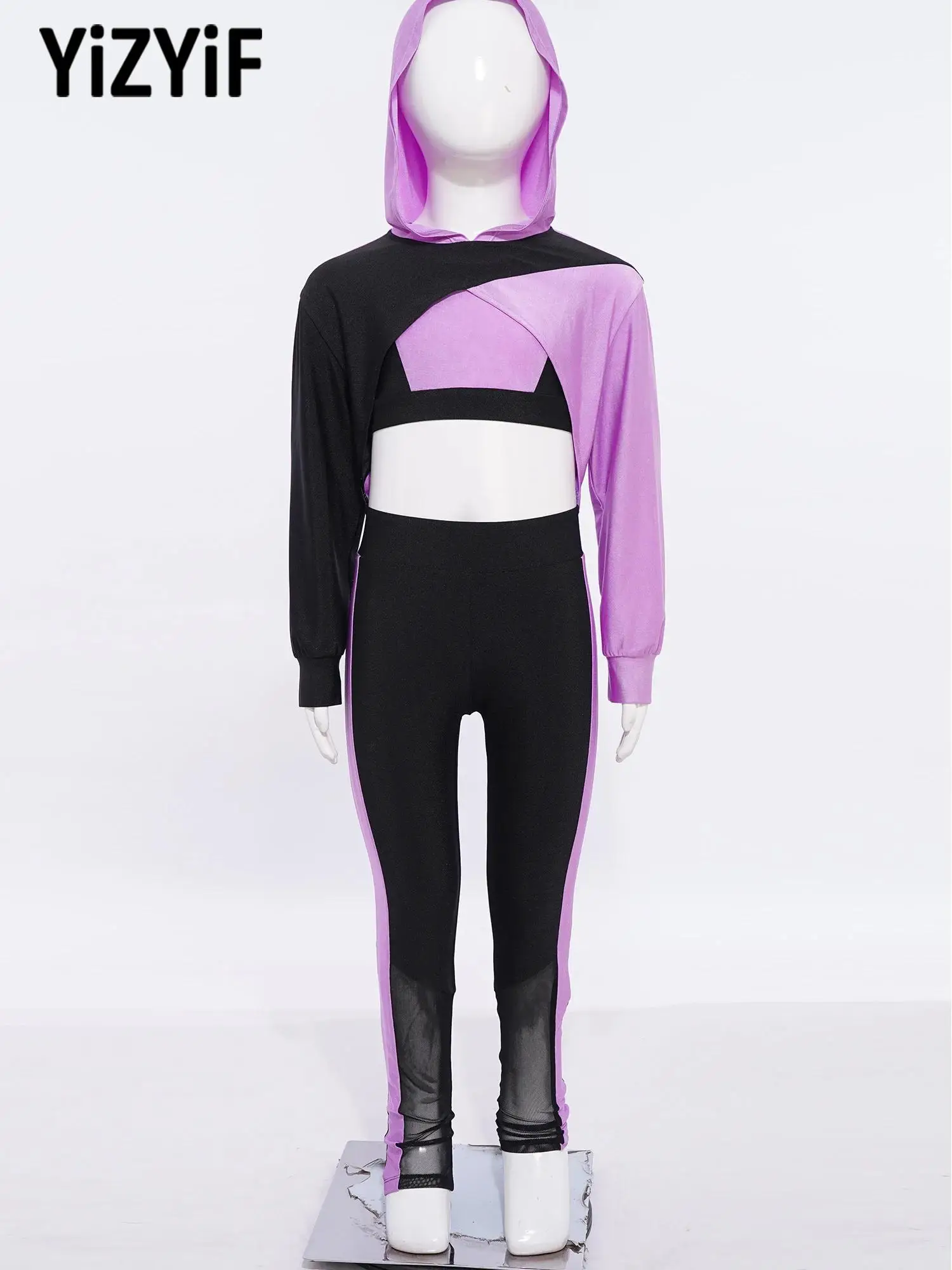 

Breathable Teens Girls Color Block Sports Outfit Long Sleeve Asymmetrical Hem Cropped Hoodie+Vest+ Leggings Gym Performance Set