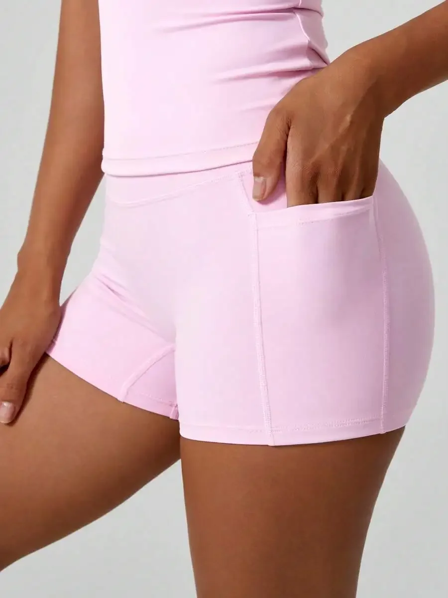 Women's Sweet Sports Short Sleeve High Waist Tummy Control Butt Lifting Shorts Set