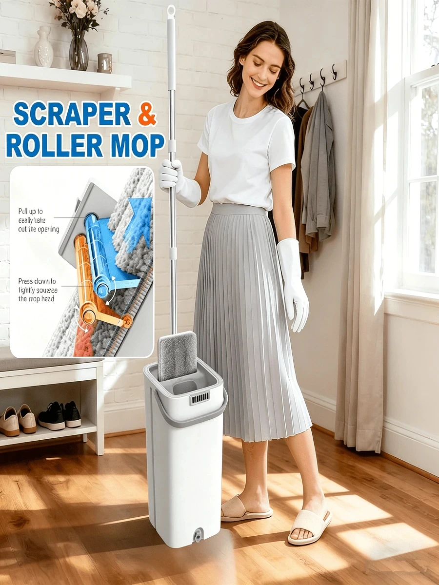 PokEpic 1PC Upgrade Mop And Bucket With Wringer Set, Flat Floor Cleaning Mop System With 6 Reusable Microfiber Pads, Wet Dry Household Cleaning Tool, Durable Floor Mop For Kitchen Bathroom Home Essentials/sh260429125579894628443