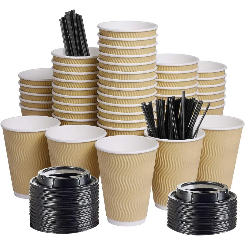 

100 pack 12 oz Ripple Wall Insulated To Go Coffee Cups for Hot/Cold Beverage, Recyclable Takeaway Drinking Cups