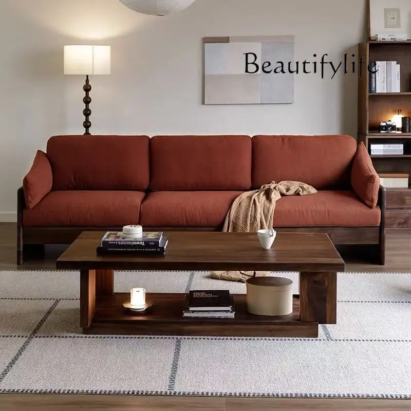 Medieval light luxury log sofa bed simple living room small apartment three-person ash wood retro fashion