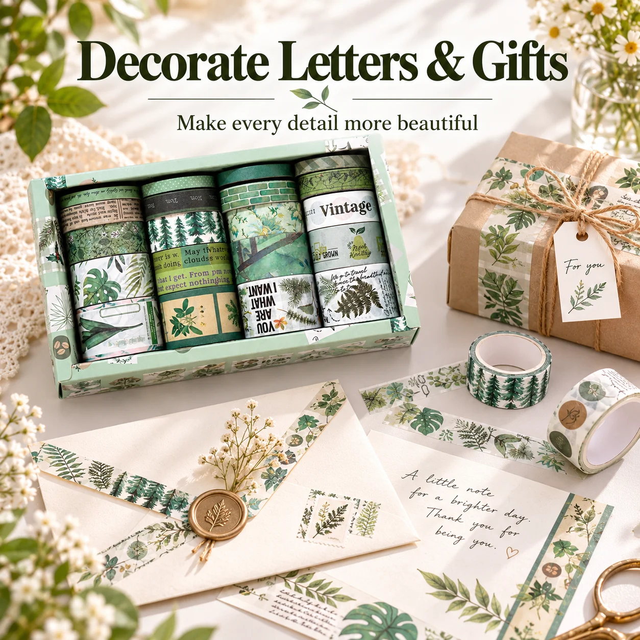 20 Rolls Vintage Botanical Washi Tape Set 2M Green Floral Decorative Masking Tape Boxed Set for Journaling Scrapbooking DIY Craf