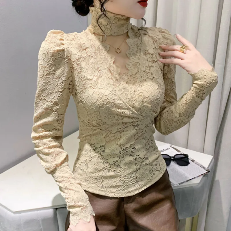 #8322 Black White Khaki Vintage Short Lace T Shirt Women Sexy Hollow Out Wrap T-Shirt Female Long Sleeve Thin Turtleneck Tight