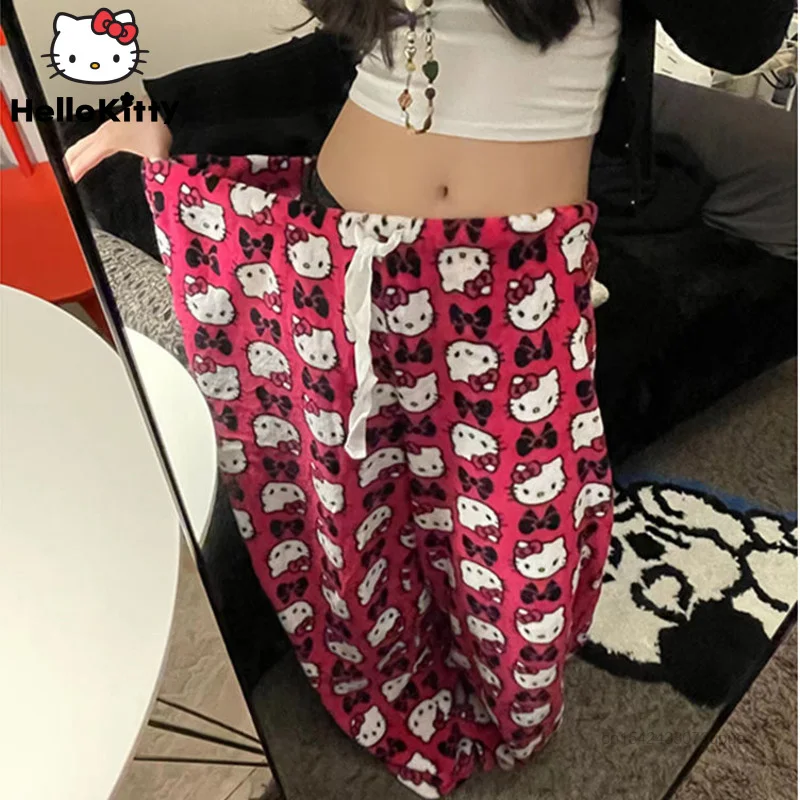 Sanrio Hello Kitty Wide Leg Pants Women Fashion Americen Vintage Trousers Traf Y2k Cartoon Print Pants New Aesthetic Casual Pant