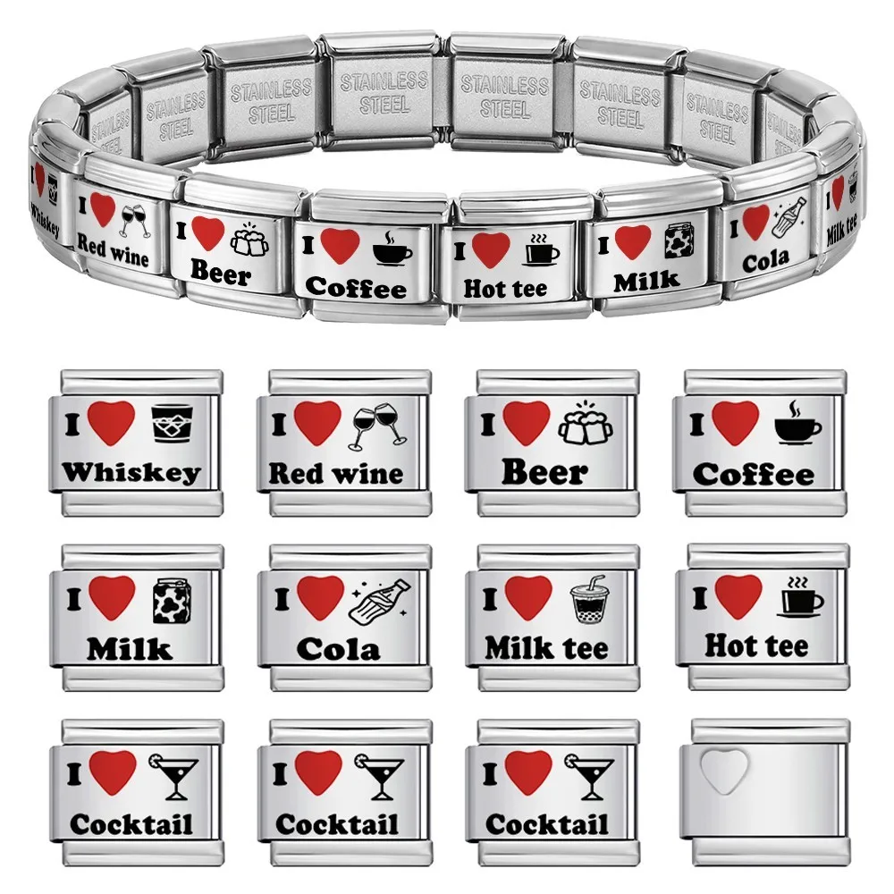 URING Laser Engraved I Love Drink Coffee Italian Charm Link Fit 9mm Stainless Steel DIY Making Bead Bracelet Jewelry Accessories