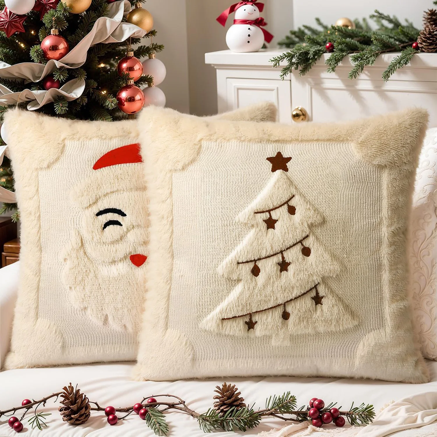 Christmas Plush Pillow Cover Santa Snowman Reindeer Tree Cushion Case Soft Faux Fur Throw Pillowcase Xmas Home Sofa Decor