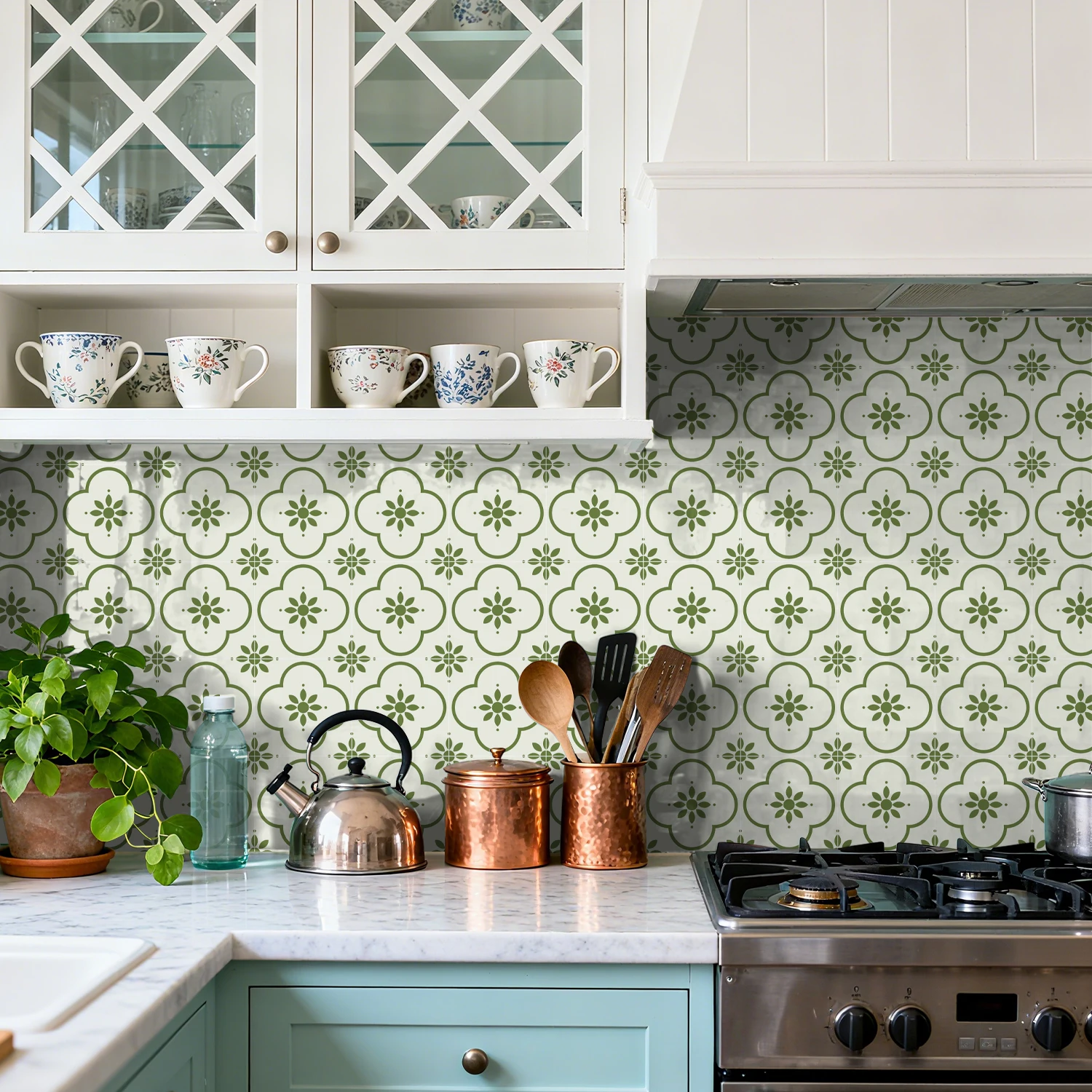 

24Pcs Green Floral Tile Stickers 10/15/20cm Self-Adhesive Matte Wall Decals for Kitchen Bathroom Decor