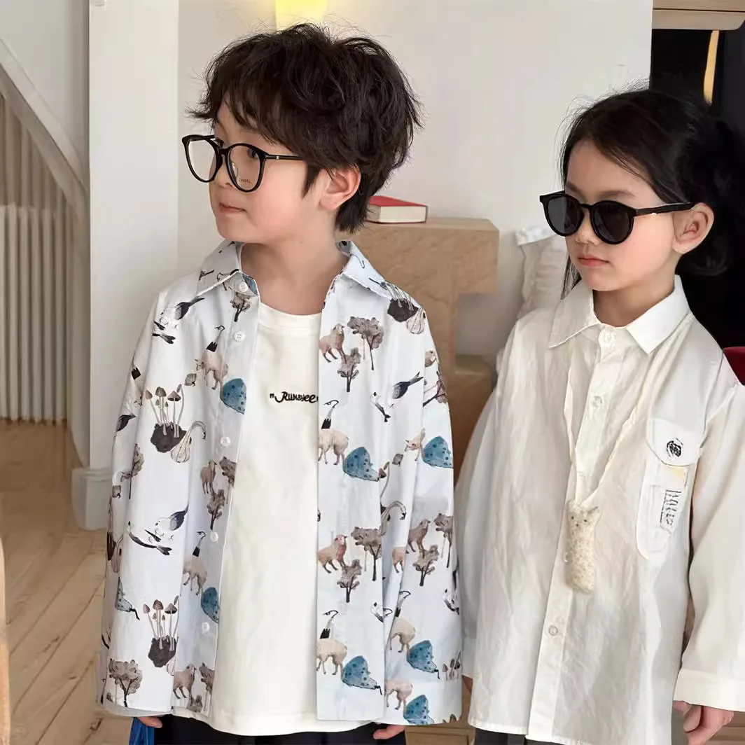 

Baby Girl Top Children Shirt 2024 Autumn New Korean Children Shirt for Boys and Girls Fashion Full Print Animal Lapel Shirt