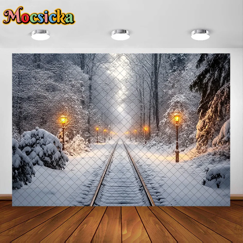 Mocsicka Photography Background Winter Snow Train Tracks Decoration Kids Family Xmas Holiday Party Portrait Photo Studio Props