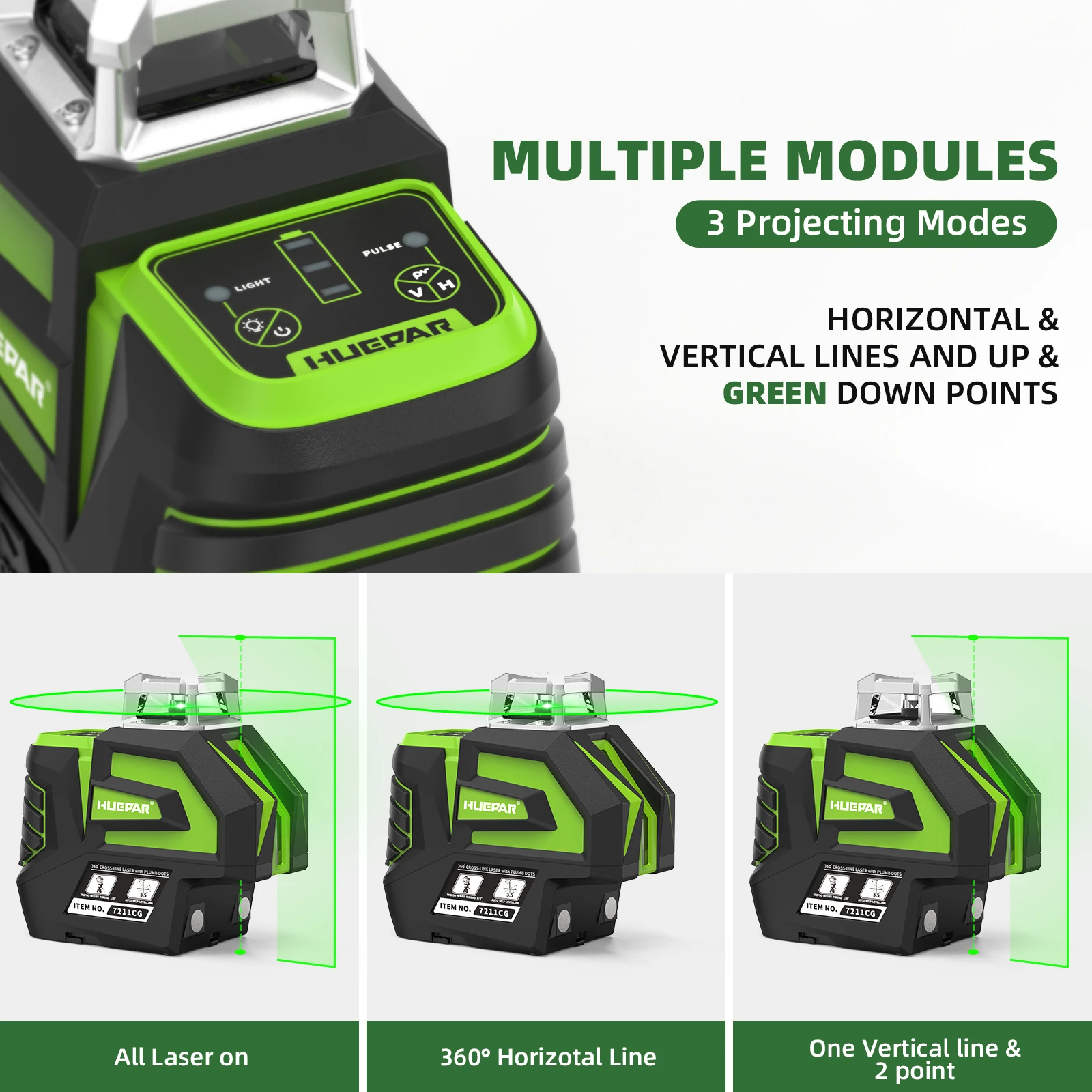 Imagem -02 - Huepar-laser Verde Nível Ferramenta Auto-nivelamento Cruz Linha Plumb Dots Li-ion Bateria 360 ° Linha Horizontal Fan Angle 7211cg