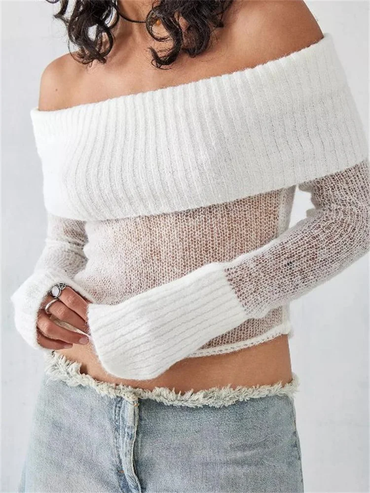 

CHRONSTYLE Sexy Women Knitted See Through Sweaters Crop Tops Off Shoulder Solid Long Sleeve Cropped Pullovers Slash Neck Jumpers