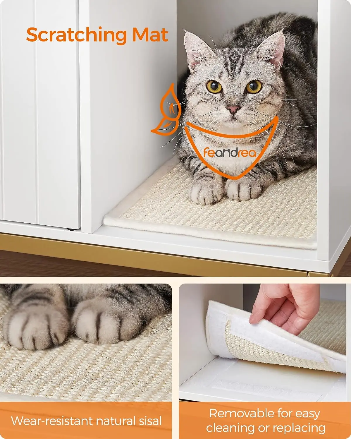 Feandrea Cat Litter Box Enclosure, Hidden Litter Box Furniture with Scratch Pad, Front Entry, Double Cabinet Doors, Modern Style, 31.5" Cat House Washroom Side End Table, White and Gold view 4