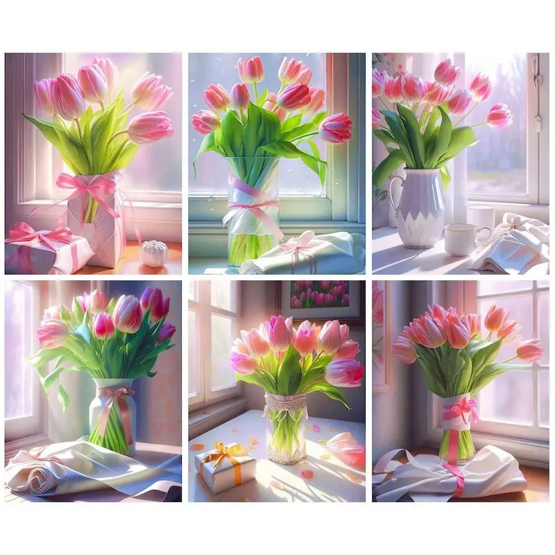 

CHENISTORY Coloring By Number Tulip Kits Painting By Number HandPainted Gift DIY Frame window flower Drawing On Canvas 60x75cm