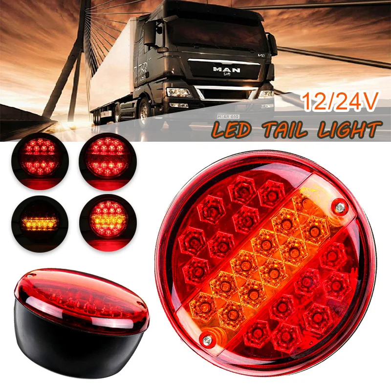 20 LED 12V 24V Universial Car Tail Light Rear Stop Indicator Brake Light Round Signal Red Amber Trailer Truck Caravan Van Lorry