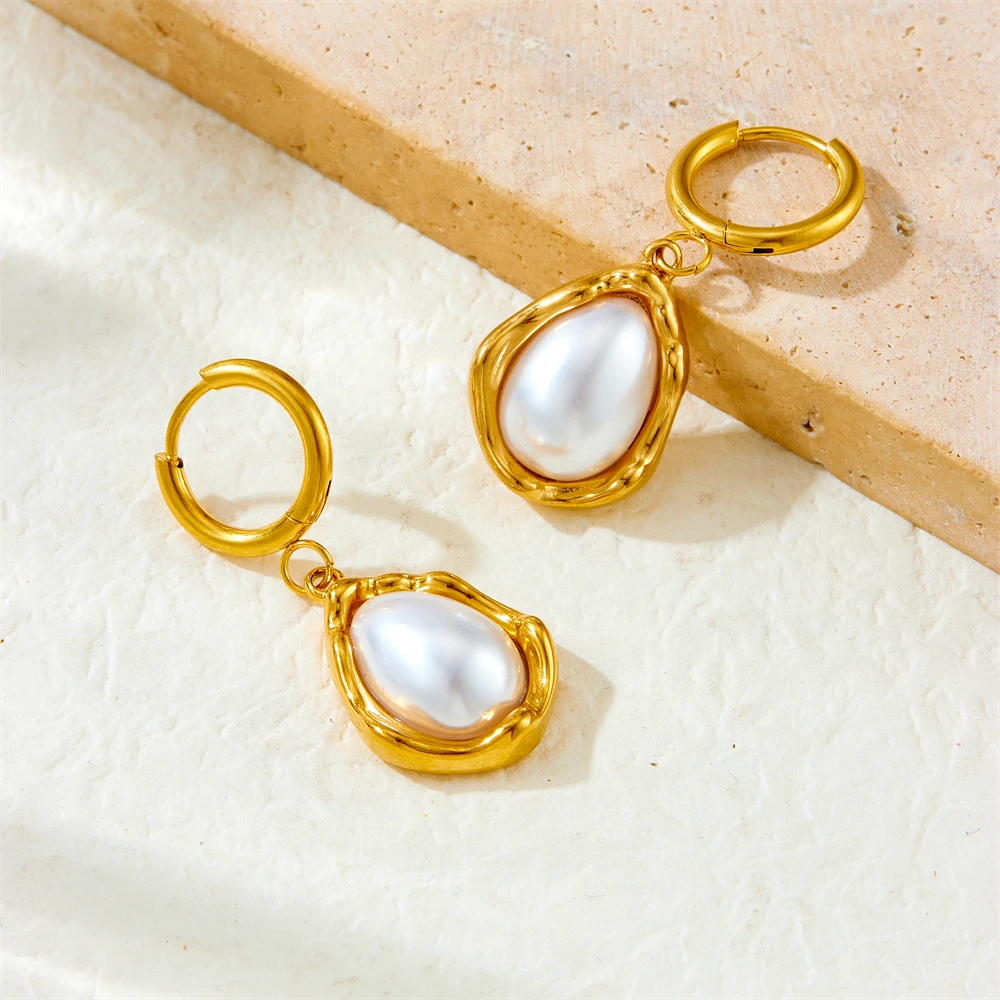 DIEYURO 316L Stainless Steel Golden Water Droplets Inlaid Pearl Pendant Necklace Earrings Set For Women Fashion Jewelry Gift