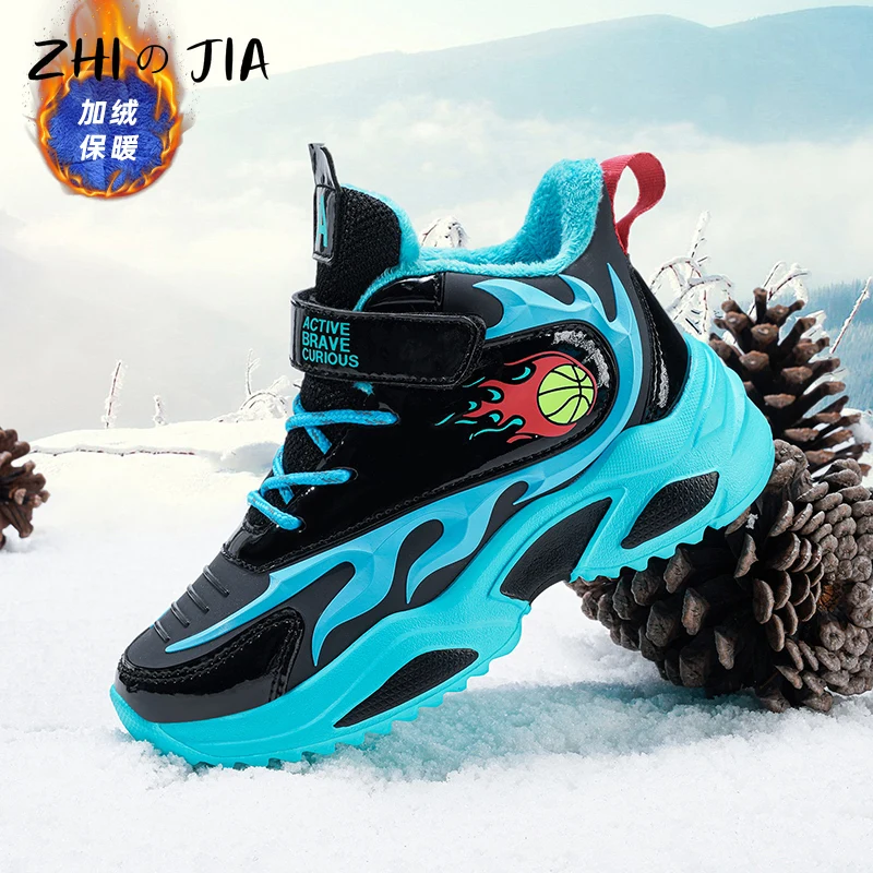 Children\'s Autumn Winter Leather Plush Sneaker Outdoor Casual Warm Shoes Running Shoes Boys Fashion Casual Basketball Shoes