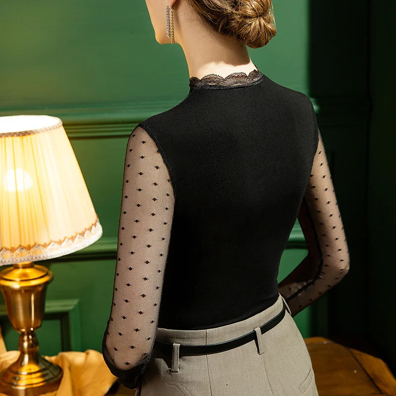 MadBlack – europäisches Damen-T-Shirt, sexy Stand-Spitzen-Patchwork, Streetwear, langärmelig, schmales S-3XL-T-Shirt, 2025, Winter, neu T5D441CC