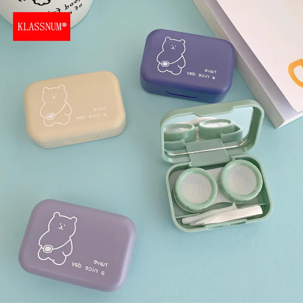 

KLASSNUM Cartoon Bear Contact Lens Box Set With Tweezers Empty Contact Lenes Storage Box Portable Kids Christmas Gift Wholesale