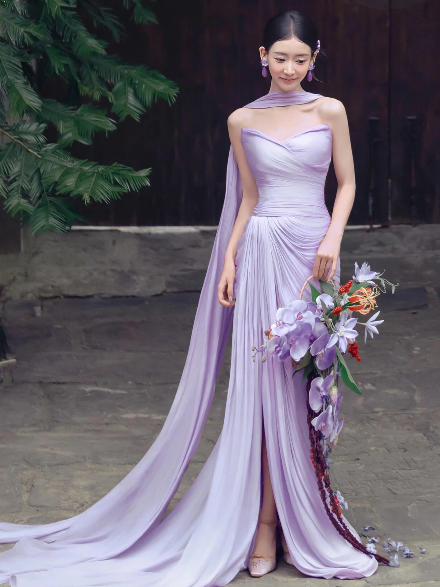 

Фиолетовый утренний халат Ele: женское длинное платье в корейском стиле с завышенной талией для свадебных торжеств