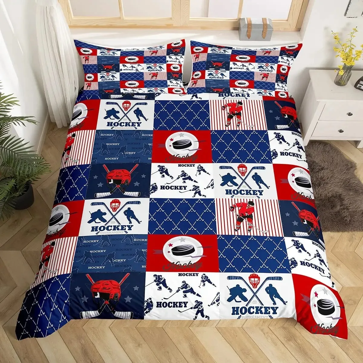 Set copripiumino da Hockey su ghiaccio Full Queen Size, Set di biancheria da letto elegante Patchwork a quadri geometrici, copripiumino sportivo invernale atleta