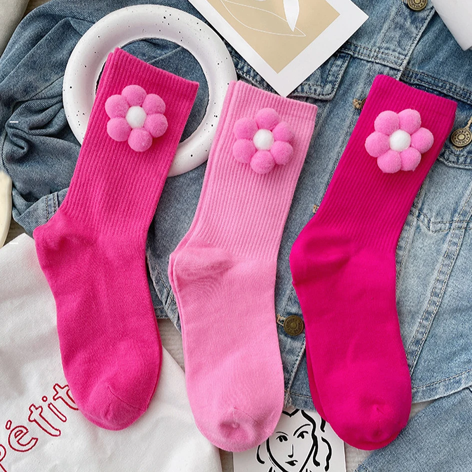 Sweet Plush Flower Socks Women Kawaii Rose Red Socks Female Fashion Pink Stockings Girl Cute Harajuku Autumn Winter Cotton Socks