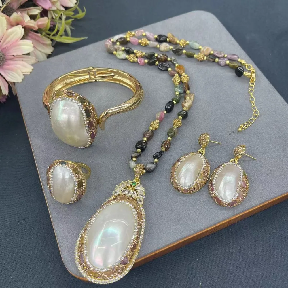 

New Shell Tourmaline Necklace Set for Women's Luxury Personalized Fashion Ladies Banquet Party Wedding Exquisite Jewelry