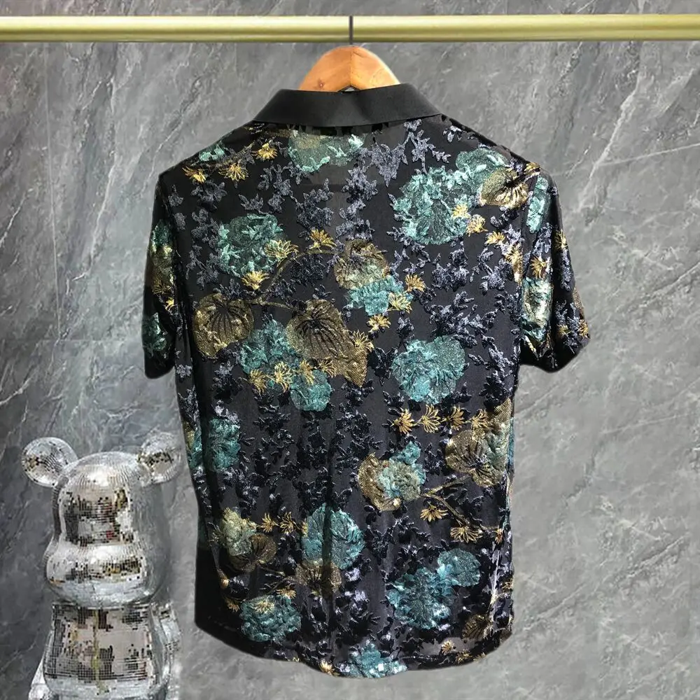 2025 Floral Polo See Through Masculine Soft  Men Clothing Nightclub Short-sleeved Polo Men Sexy Polo Transparent Retro Court