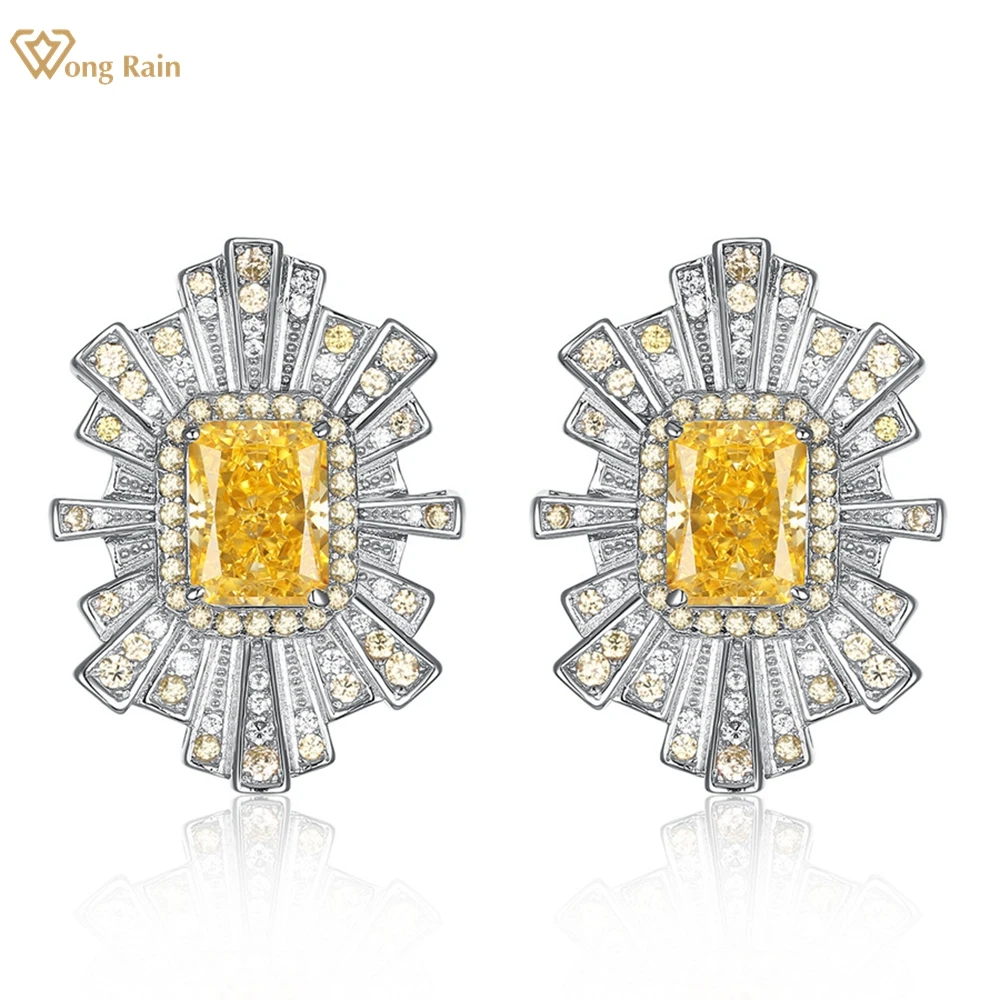 Wong Rain Luxury 925 Sterling Silver Crushed Ice Cut 6*8 MM Citrine High Carbon Diamond Gemstone Ear Studs Earrings Fine Jewelry