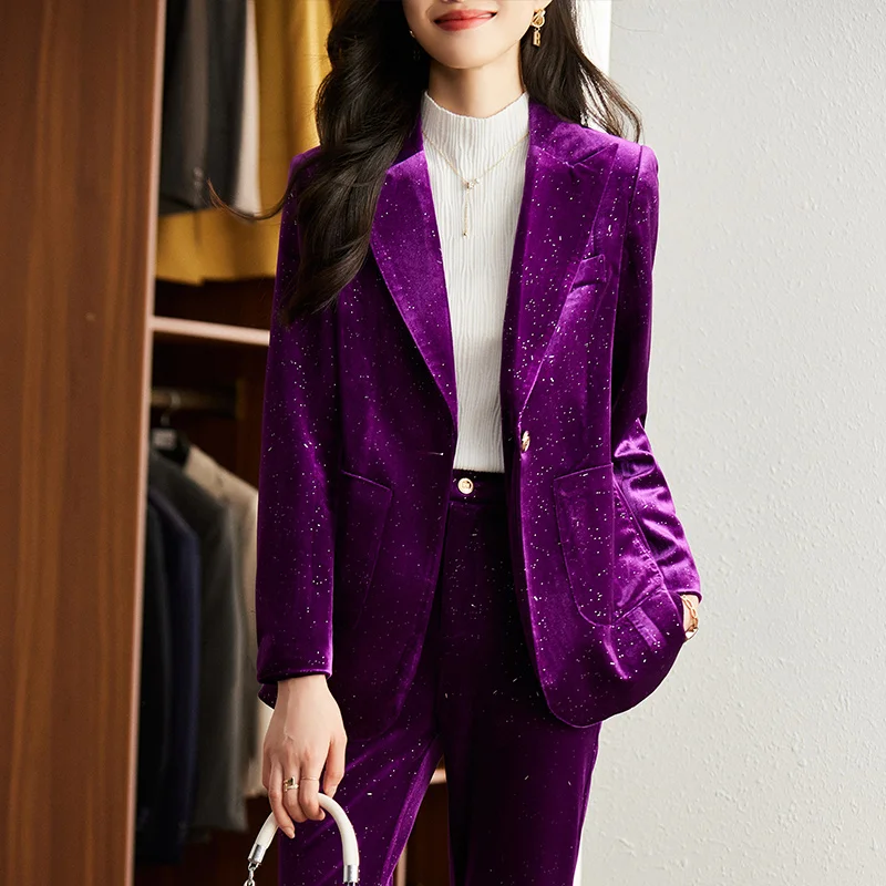 High Quality Bright silk Shiny Velvet Autumn Winter Blazer Women\' Business Suits with Sets Work Wear Office Uniform Pants Jacket